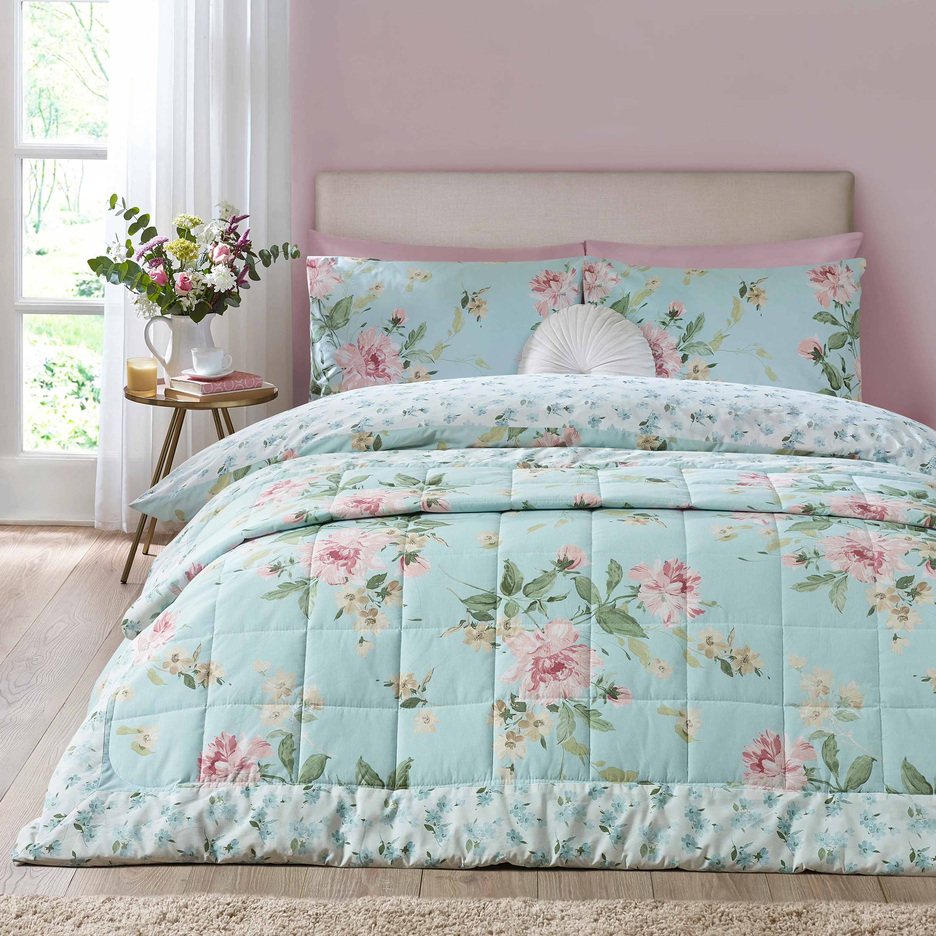 CATHERINE LANSFIELD Avebury Floral Bedspread 220x230cm - Duck Egg - Image 3