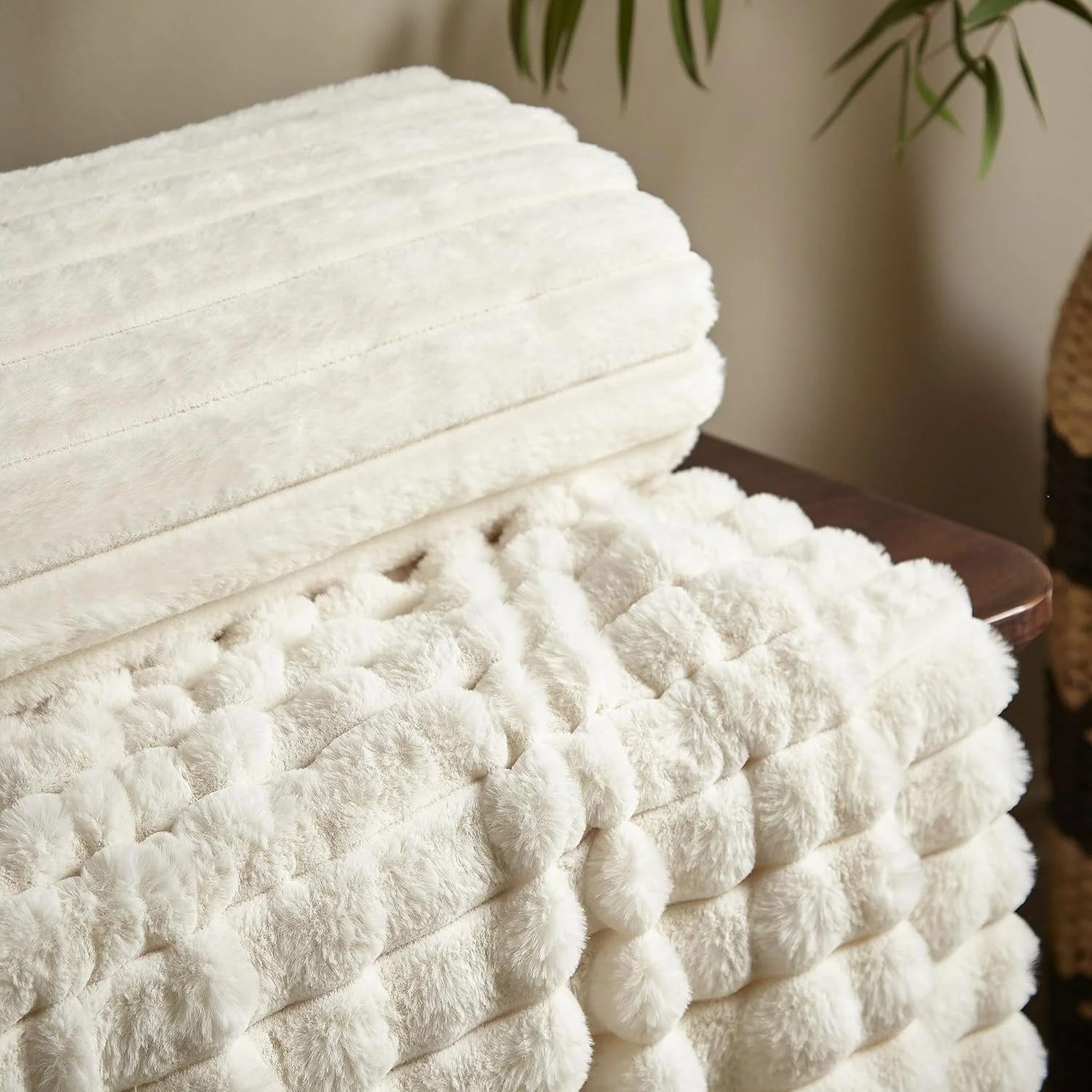 CATHERINE LANSFIELD Cosy Ribbed Blanket Throw - Cream - Image 2