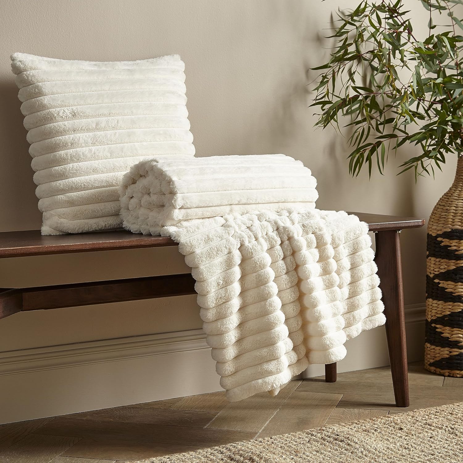 CATHERINE LANSFIELD Cosy Ribbed Blanket Throw - Cream - Image 3