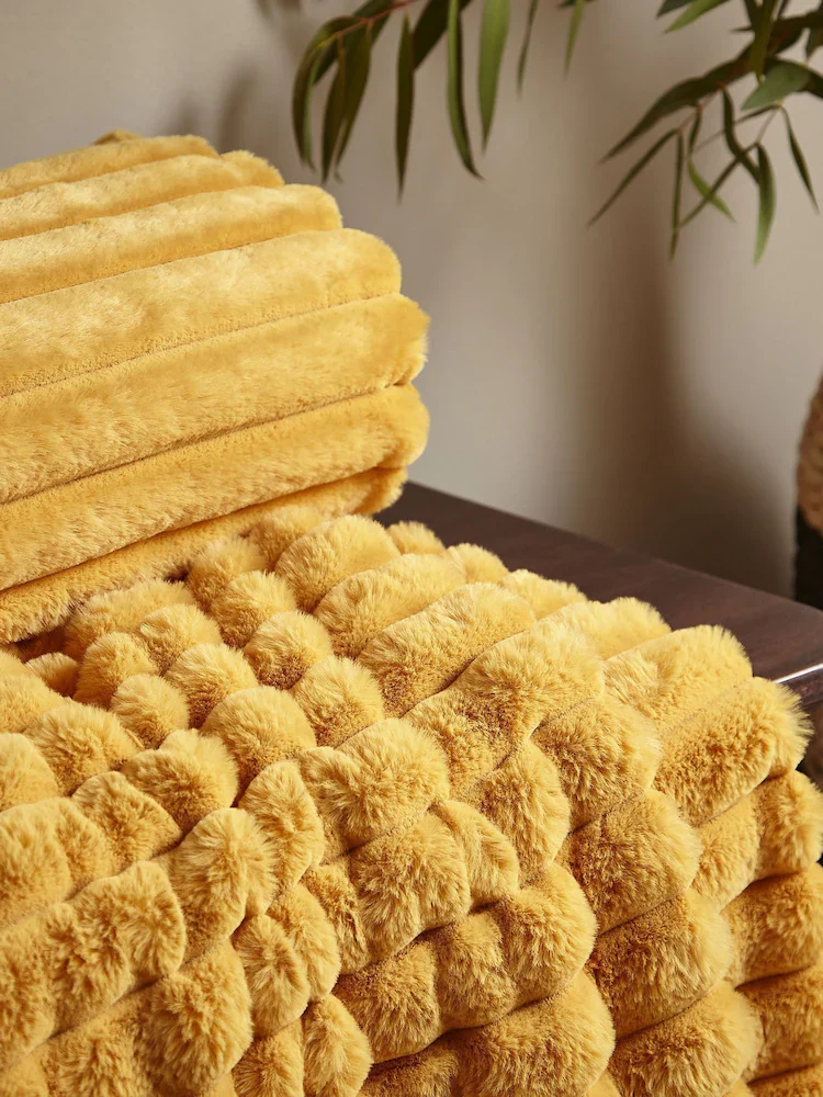 CATHERINE LANSFIELD Cosy Ribbed Blanket Throw - Mustard - Image 2