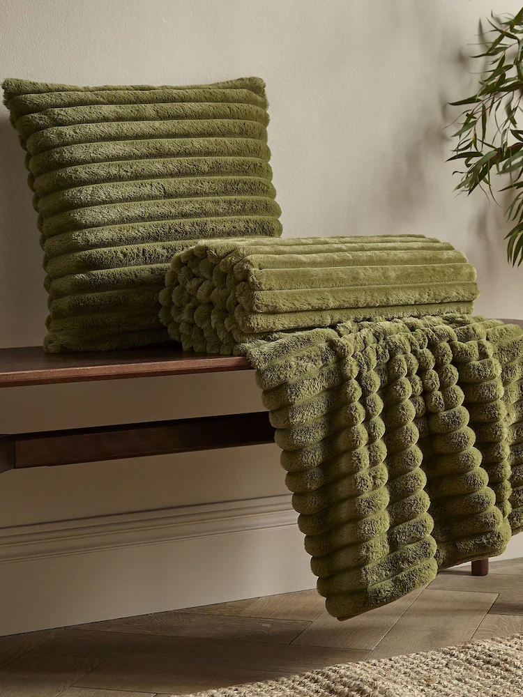 CATHERINE LANSFIELD Cosy Ribbed Blanket Throw - Olive Green - Image 3