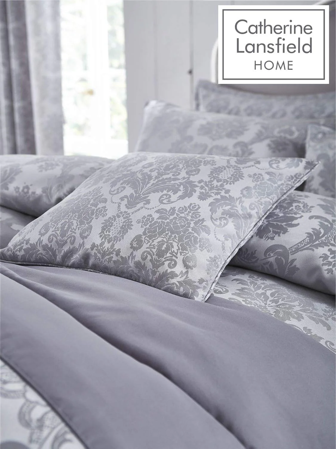 CATHERINE LANSFIELD Damask Jacquard Duvet Cover Set - Silver - Image 2