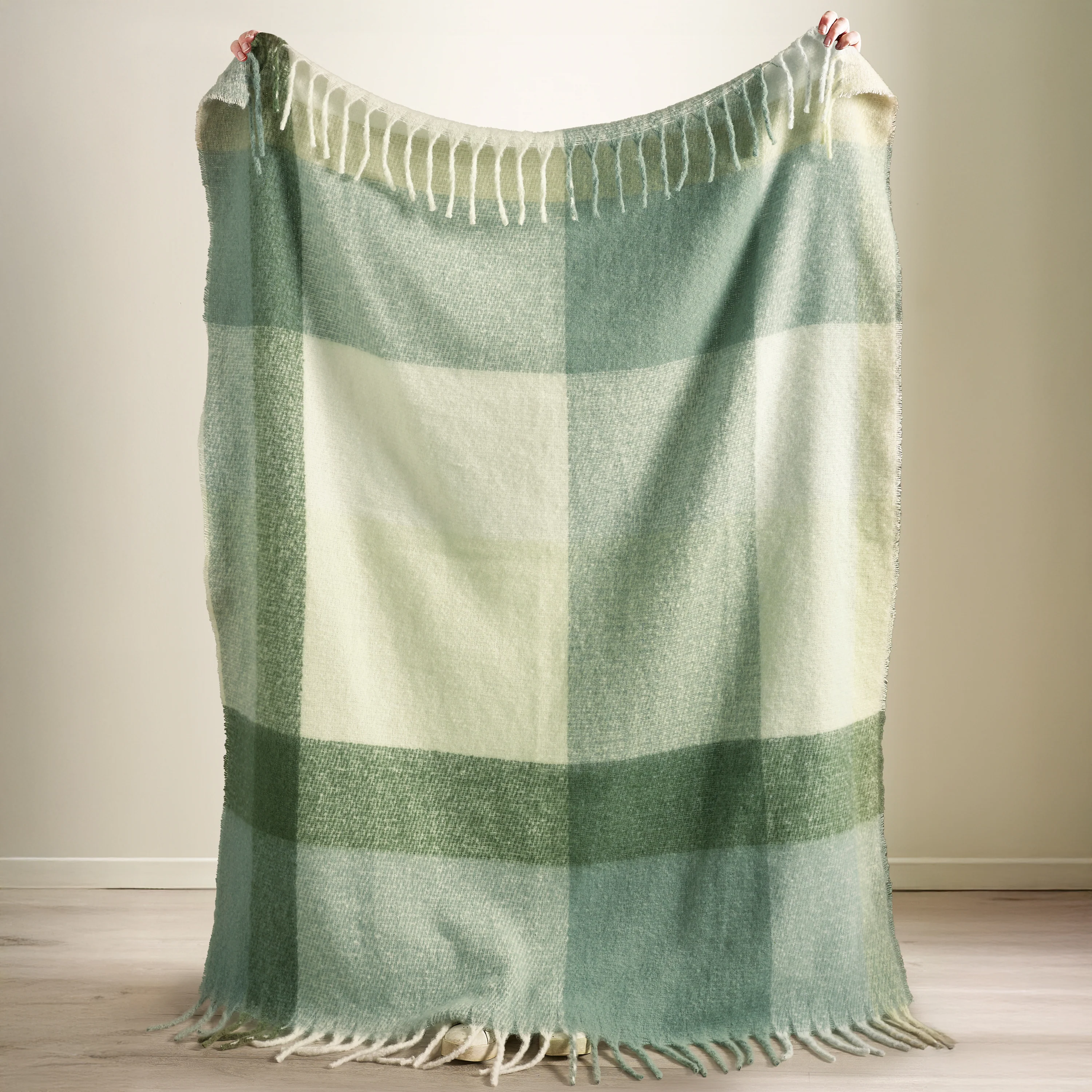 CATHERINE LANSFIELD Faux Mohair Checked Throw - Green - Image 3