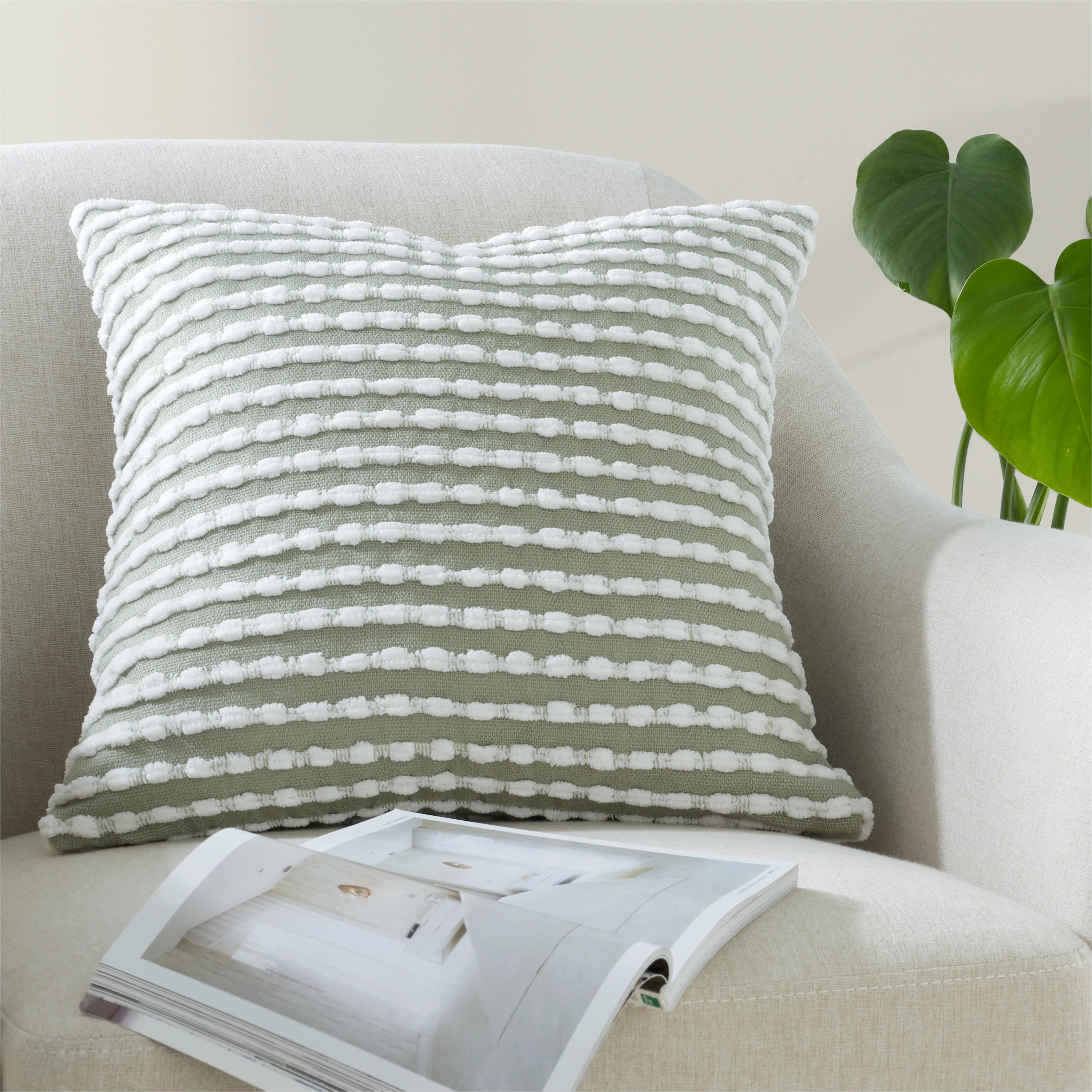 CATHERINE LANSFIELD Stab Stitch Textured Filled Cushion 43x43cm - Sage