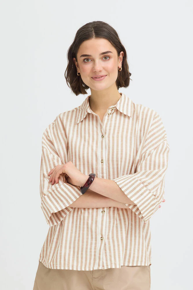 FRANSA Phebe Stripe Shirt - Brown/Cream - Image 2