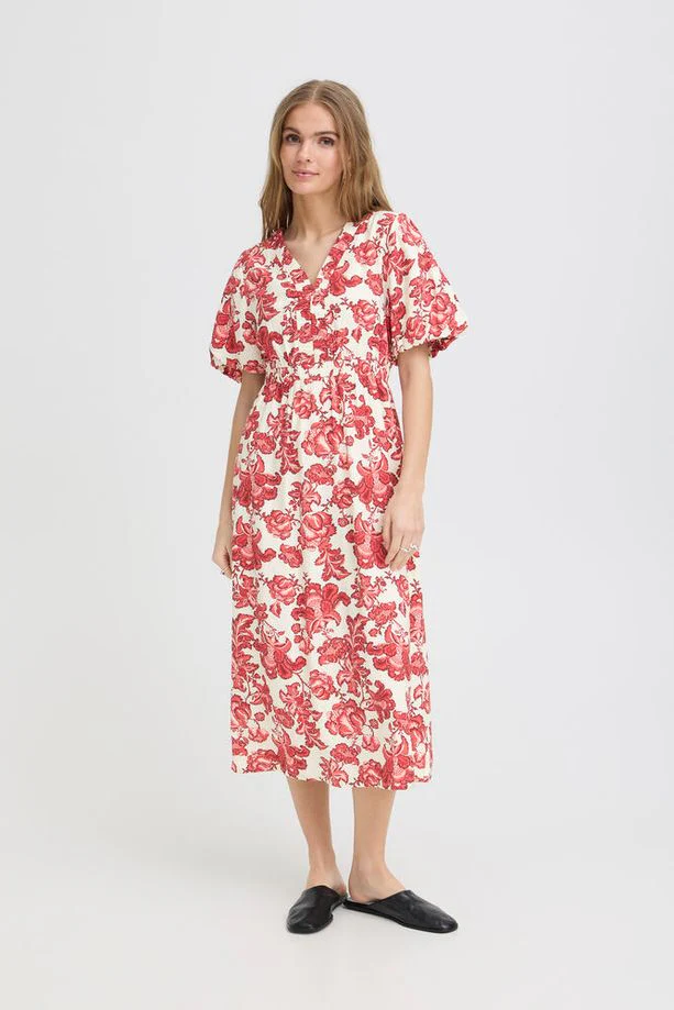 ICHI Gilvis Floral Midi Dress - Red