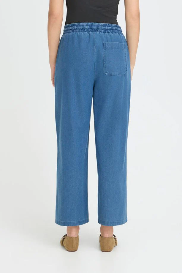 ICHI Kate Denim Wide Leg Cropped Trousers - Mid Blue - Image 3