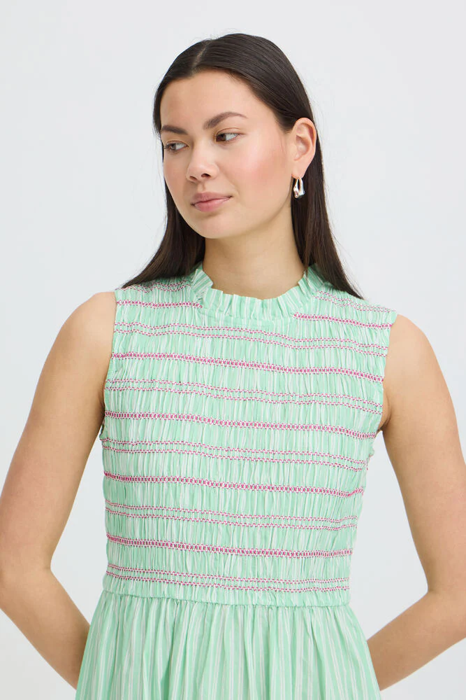ICHI Locy Stripe Midi Dress - Green/Pink - Image 3