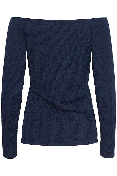 ICHI Malina Boat Neck Textured Top - Navy - Image 2