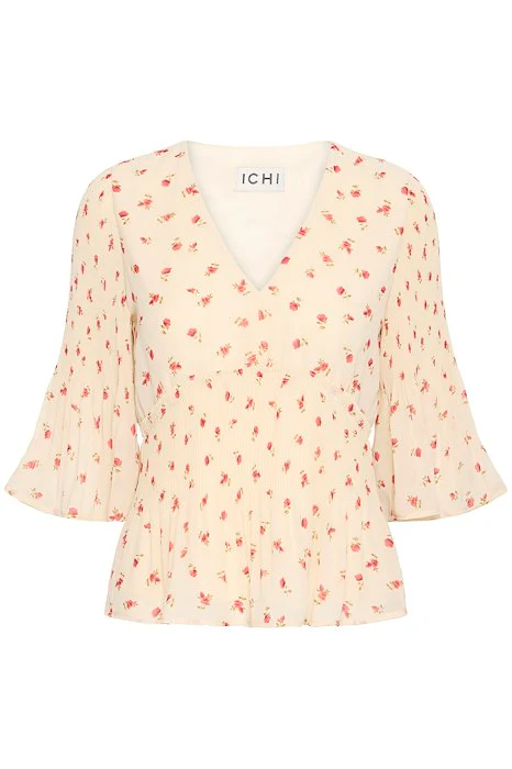 ICHI Neally Floral V-Neck Blouse - Cream - Image 3