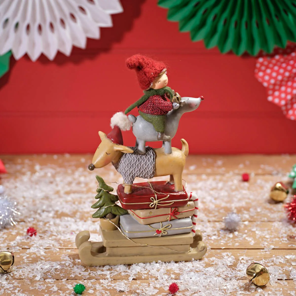LANGS Furry & Festive LED Dog, Girl and Reindeer Stacked Figurine 26.5cm - Image 2