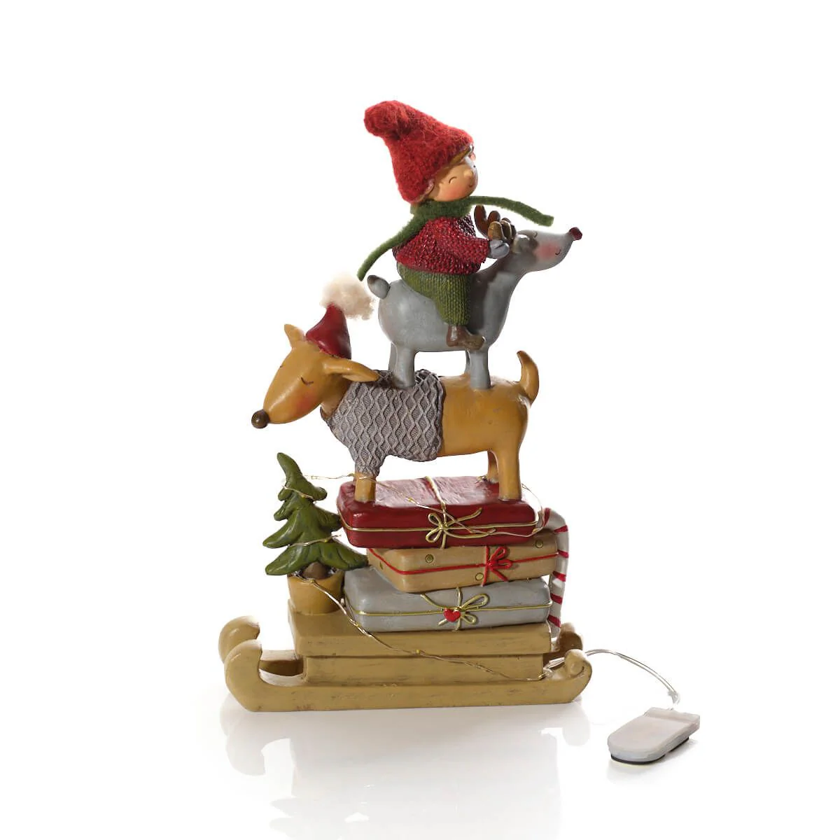 LANGS Furry & Festive LED Dog, Girl and Reindeer Stacked Figurine 26.5cm - Image 3