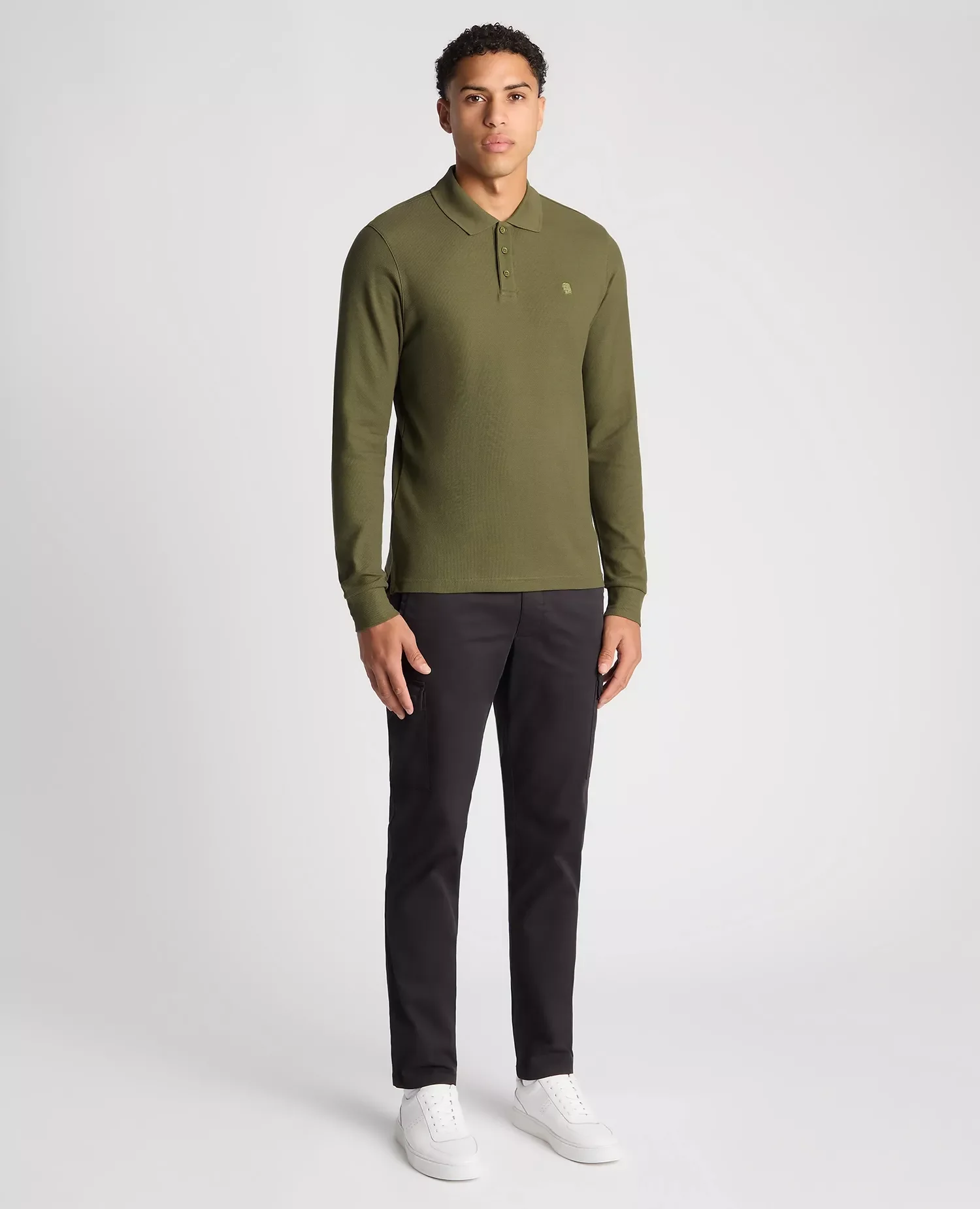 REMUS UOMO 3 Button Long Sleeve Cotton Polo - Khaki - Image 2