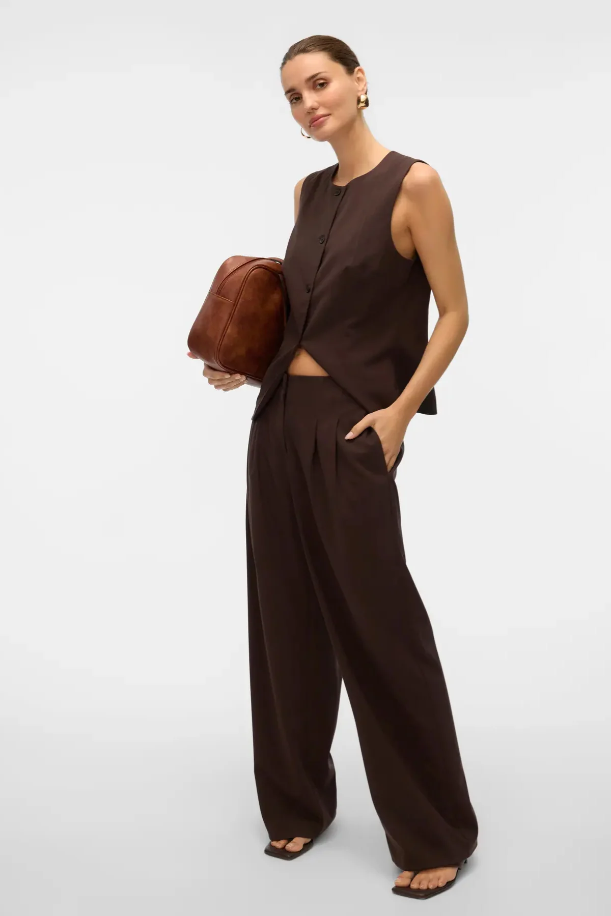 VERO MODA Siga Mid Waist Wide Leg Pants - Brown - Image 2